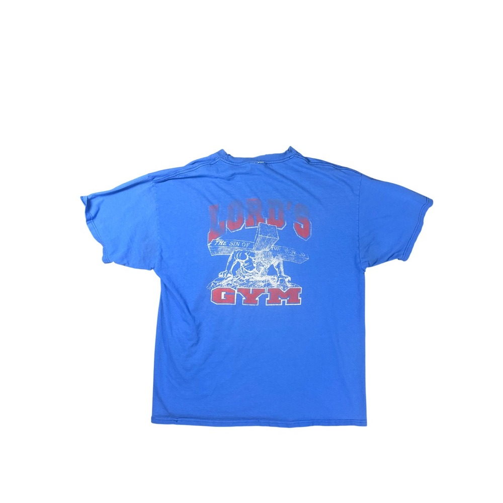 Vintage 90s Lords Gym Thrashed Religious T-Shirt Hanes Beefy Blue XL